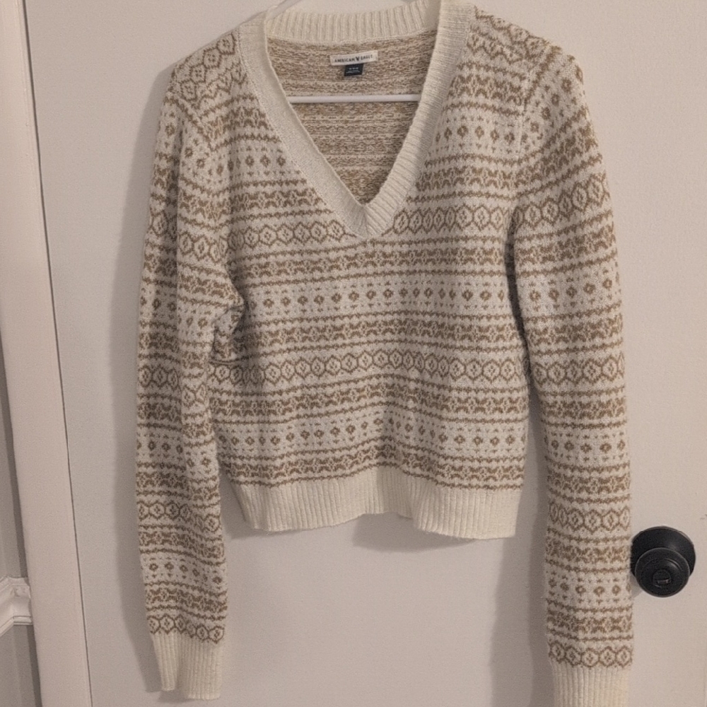 American Eagle Outfitters Cream & Tan Fair Isle V-Neck Sweater
